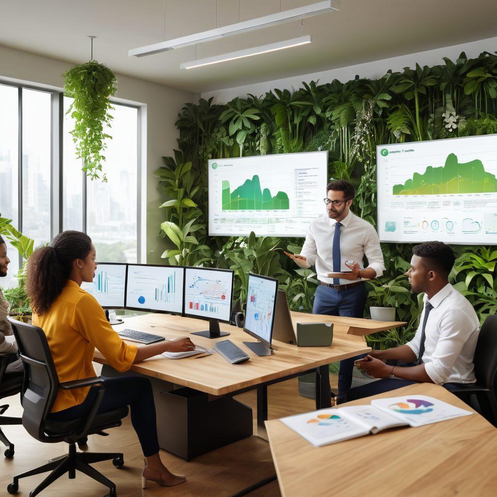 A digital workspace portraying a diverse team collaborating on insurance solutions using advanced technology, surrounded by charts and graphs illustrating data analysis, with screens showing online insurance platforms. The background should feature a modern office with green plants for a refreshing vibe. super-realistic. vibrant colors. 3D.