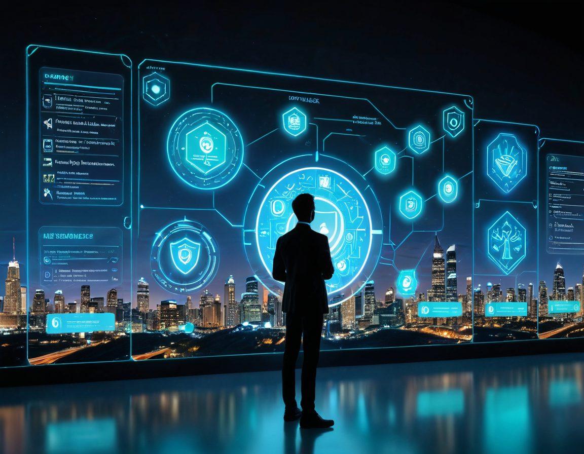 A futuristic digital landscape filled with glowing insurance icons like shields, keys, and checkmarks. In the foreground, a person is interacting with a holographic display showcasing various digital insurance solutions. The background features a skyline with advanced technology and digital elements blending seamlessly. Bright blues and greens dominate the color palette for a tech-inspired vibe. super-realistic. vibrant colors. 3D.