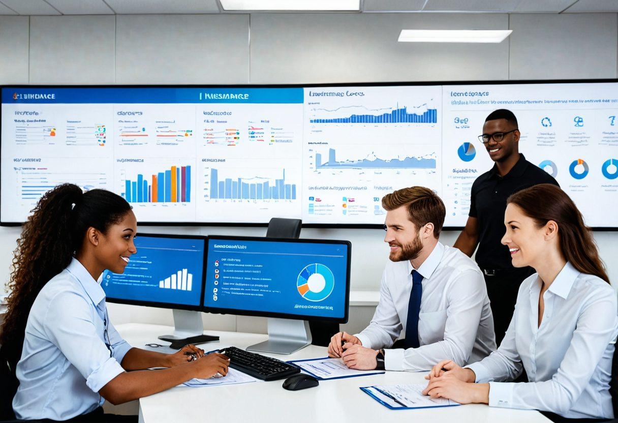 A modern office scene showcasing a diverse group of professionals collaborating over insurance paperwork, with a digital screen displaying streamlined insurance solutions. Include elements like a friendly customer service representative and graphical representations of insurance coverage options. The atmosphere should convey a sense of trust and efficiency. super-realistic. vibrant colors. white background.